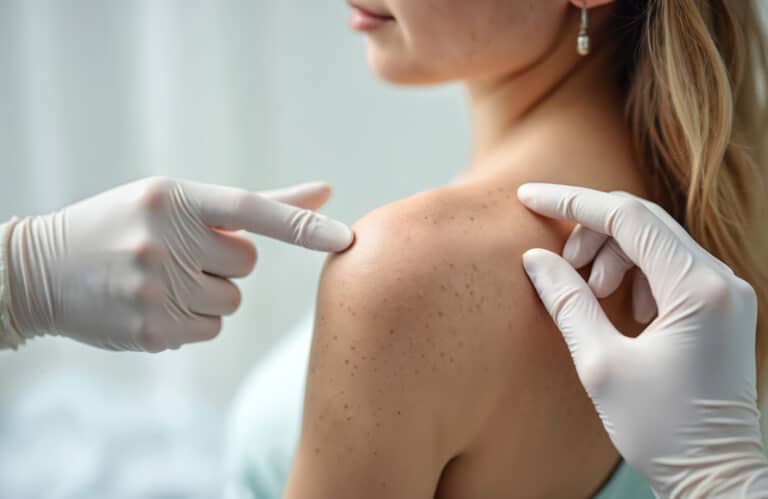 Woman shoulder examined by dermatologist. Doctor points suspicious mole during skin check-up. Patient gets consultation, cancer prevention, melanoma diagnosis in clinic